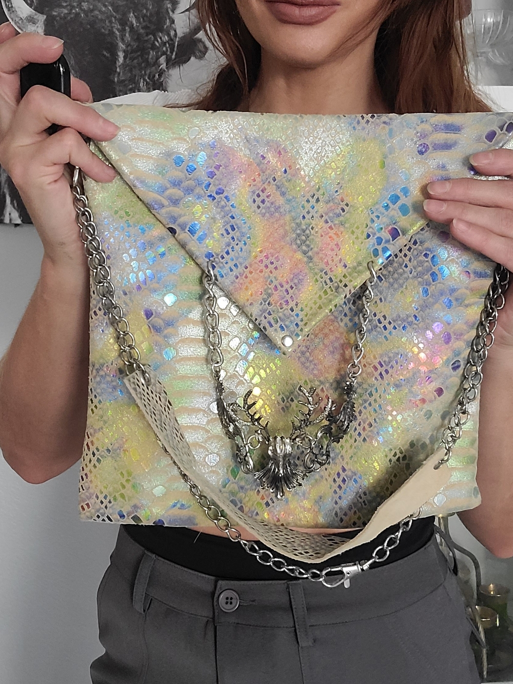 Iridescent Pastel  Mermaid-Print Genuine Leather Envelope Purse